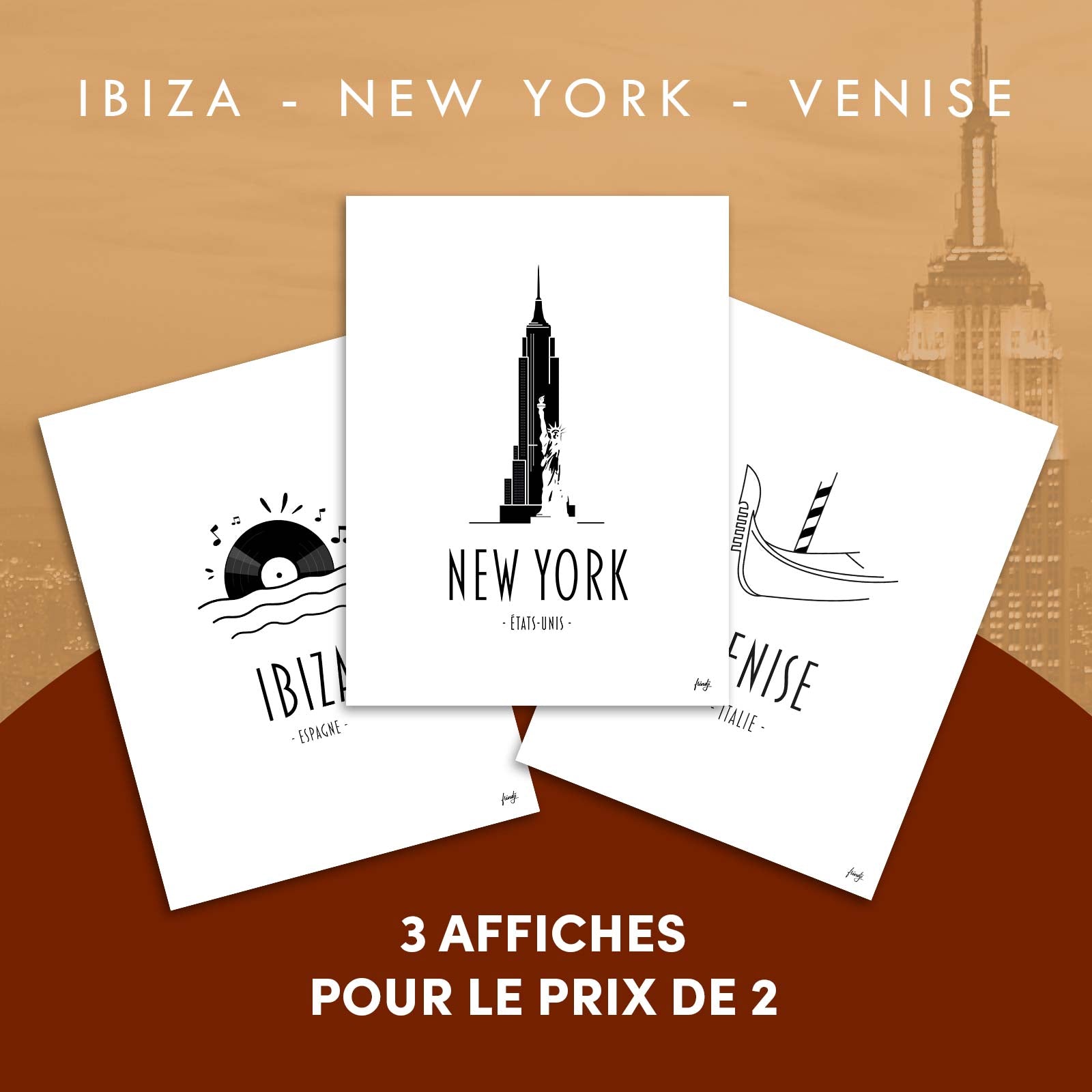 Affiches décoratives de 3 villes, new york, ibiza et Venise pour vos murs