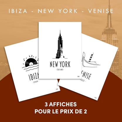 Affiches décoratives de 3 villes, new york, ibiza et Venise pour vos murs