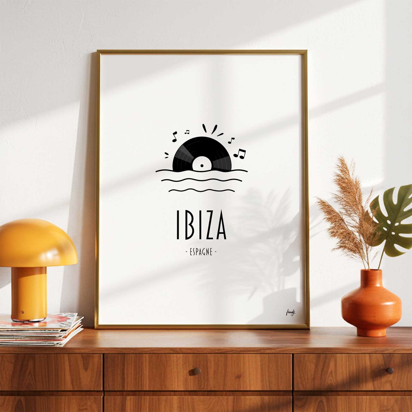 Affiche moderne et mnimaliste d'Ibiza. Entre dj et soleil