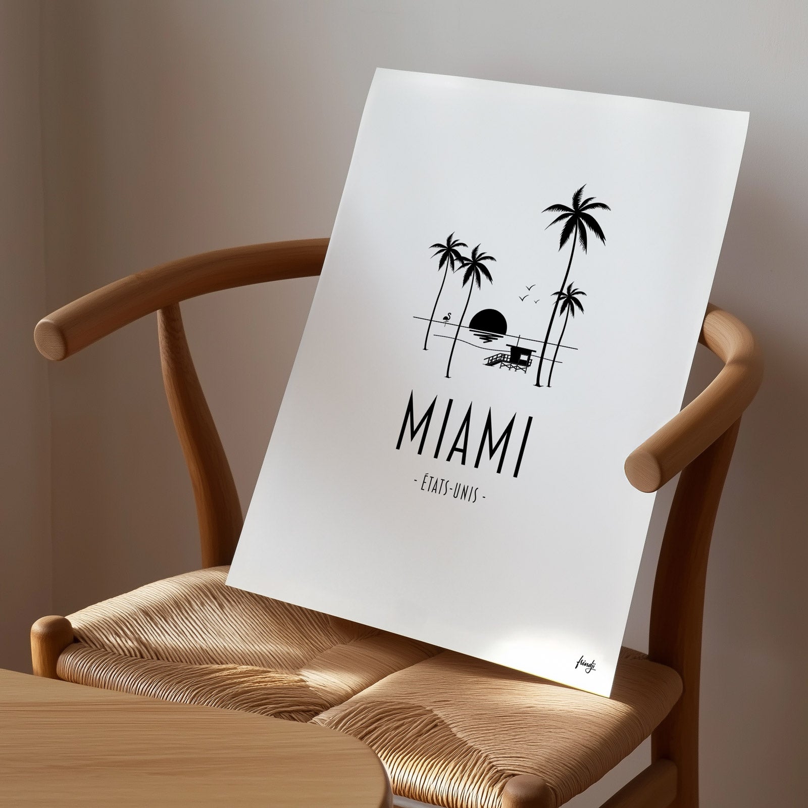 Poster de Miami avec palmier, rescue, flamant rose, plage et couché de soleil