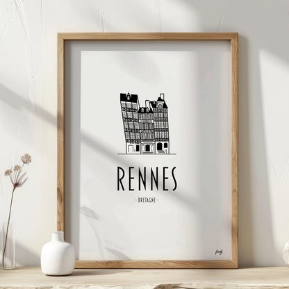 Redécouvrez la capitale bretonne avec mon poster de Rennes. Une affiche élégante mettant en avant le charme des maisons à pans de bois et l'atmosphère unique du centre-ville rennais. Idéal pour les amoureux de la Bretagne ! BZH