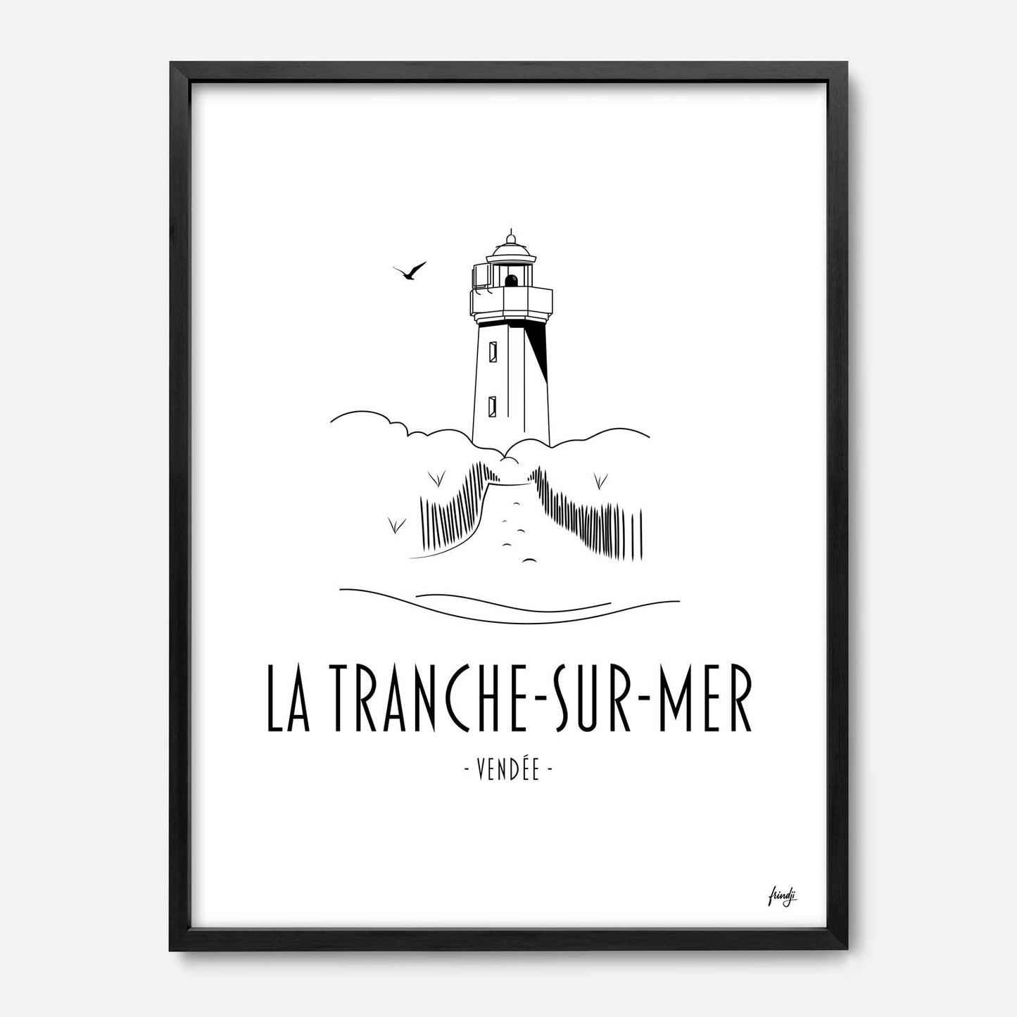 Affiche décorative de la Tranche-sur-Mer en Vendée, poster noir et blanc représentant le phare et la mer