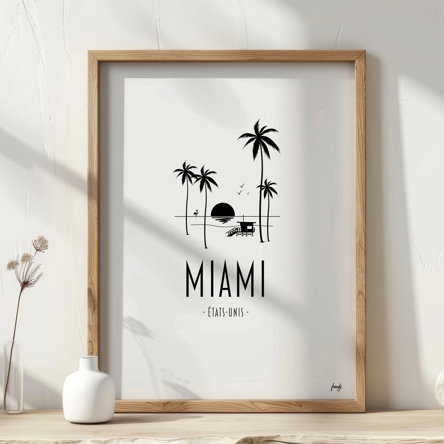 Poster de Miami minimaliste pour une déco moderne en noir et blanc
