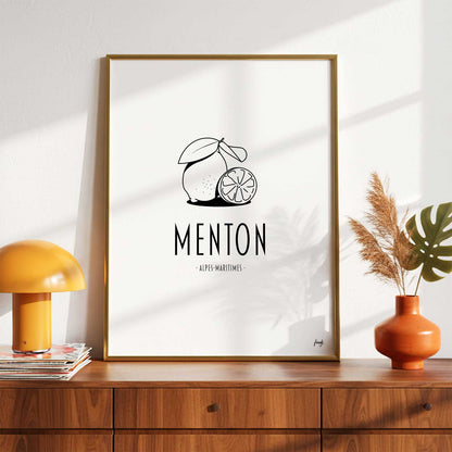 Affiche de la ville de menton dans le sud de la rance avec l'emblème des citrons