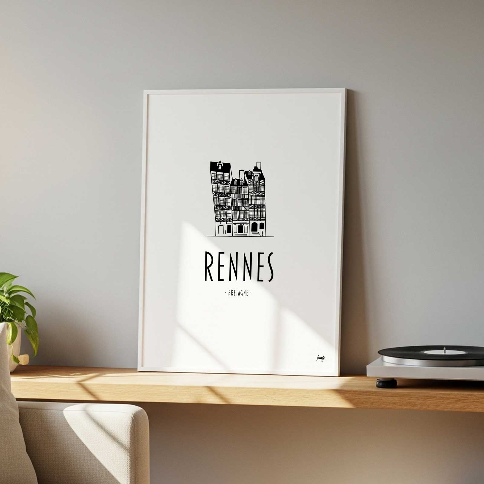 Poster minimaliste de la ville de Rennes en Bretagne en noir et blanc des maisons typiques