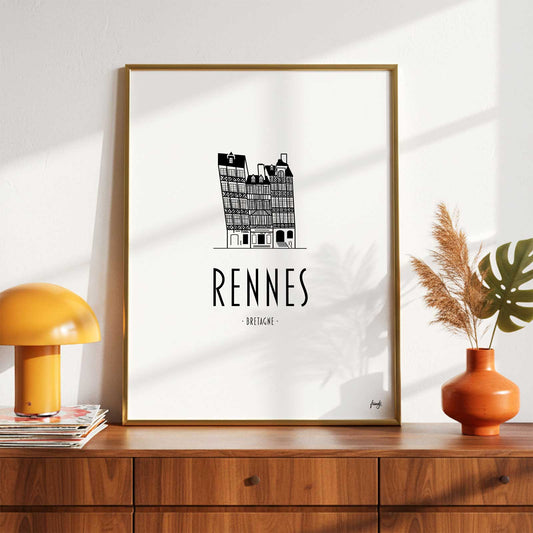 Succombez au charme de la capitale bretonne avec notre poster de Rennes. Une illustration soignée mettant à l'honneur ses célèbres maisons à pans de bois. La touche d'élégance historique qu'il manque à votre décoration intérieure.